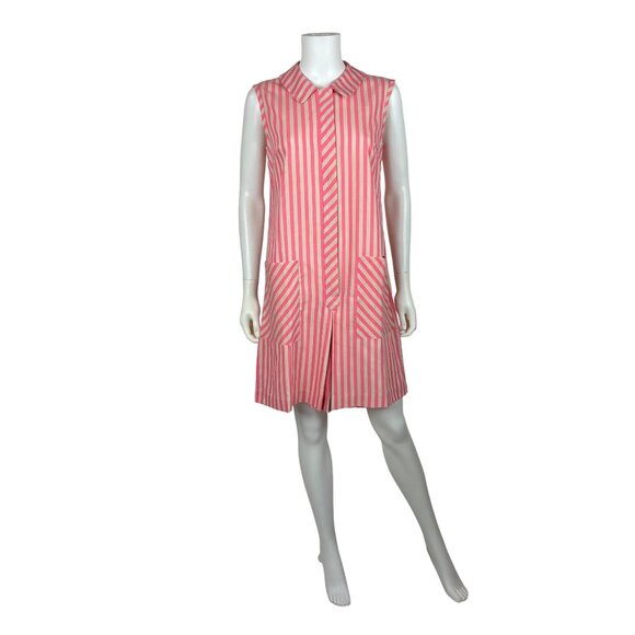 Vintage 60s Striped Romper Womens M Neon Pink Zip Up Hip Pockets Mod Playsuit - Picture 1 of 12